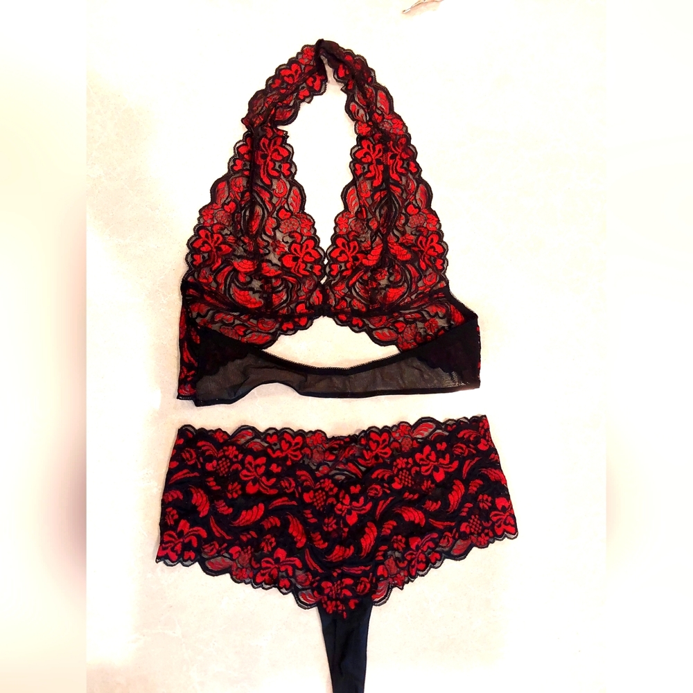 Stretch lace halter top with full frontal coverage thong